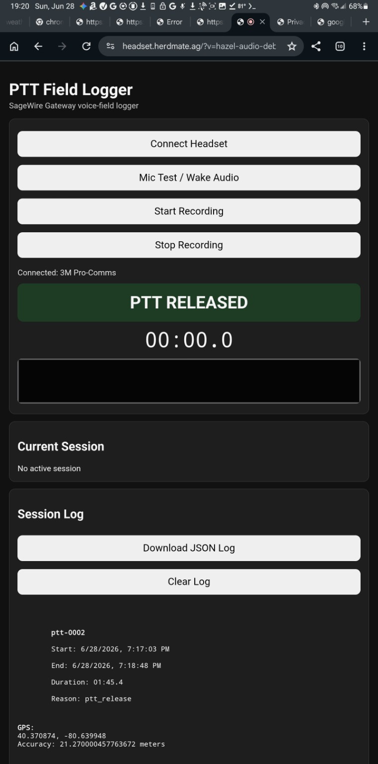 PTT Field Logger connected headset